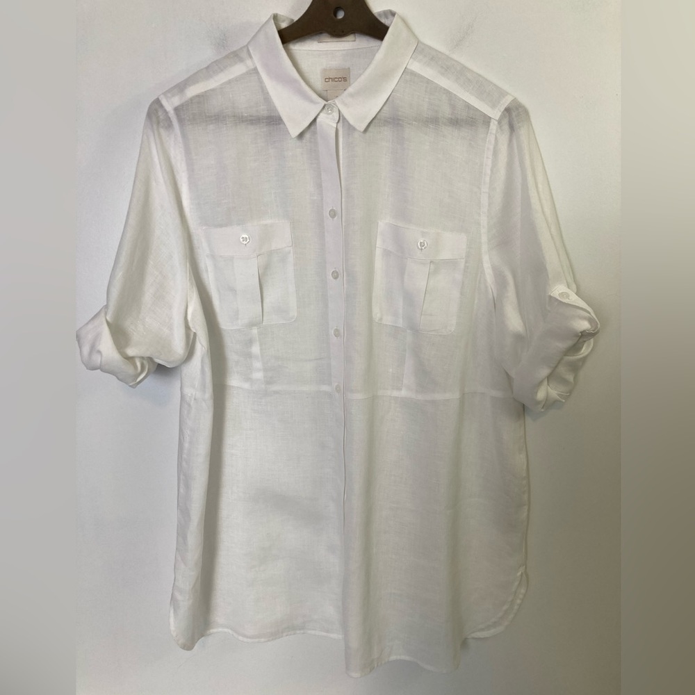 Chico’s 100% Linen Women’s White Buttn Dwn Blouse Shirt 3/4 Sleeve, Chico’s Sz 3